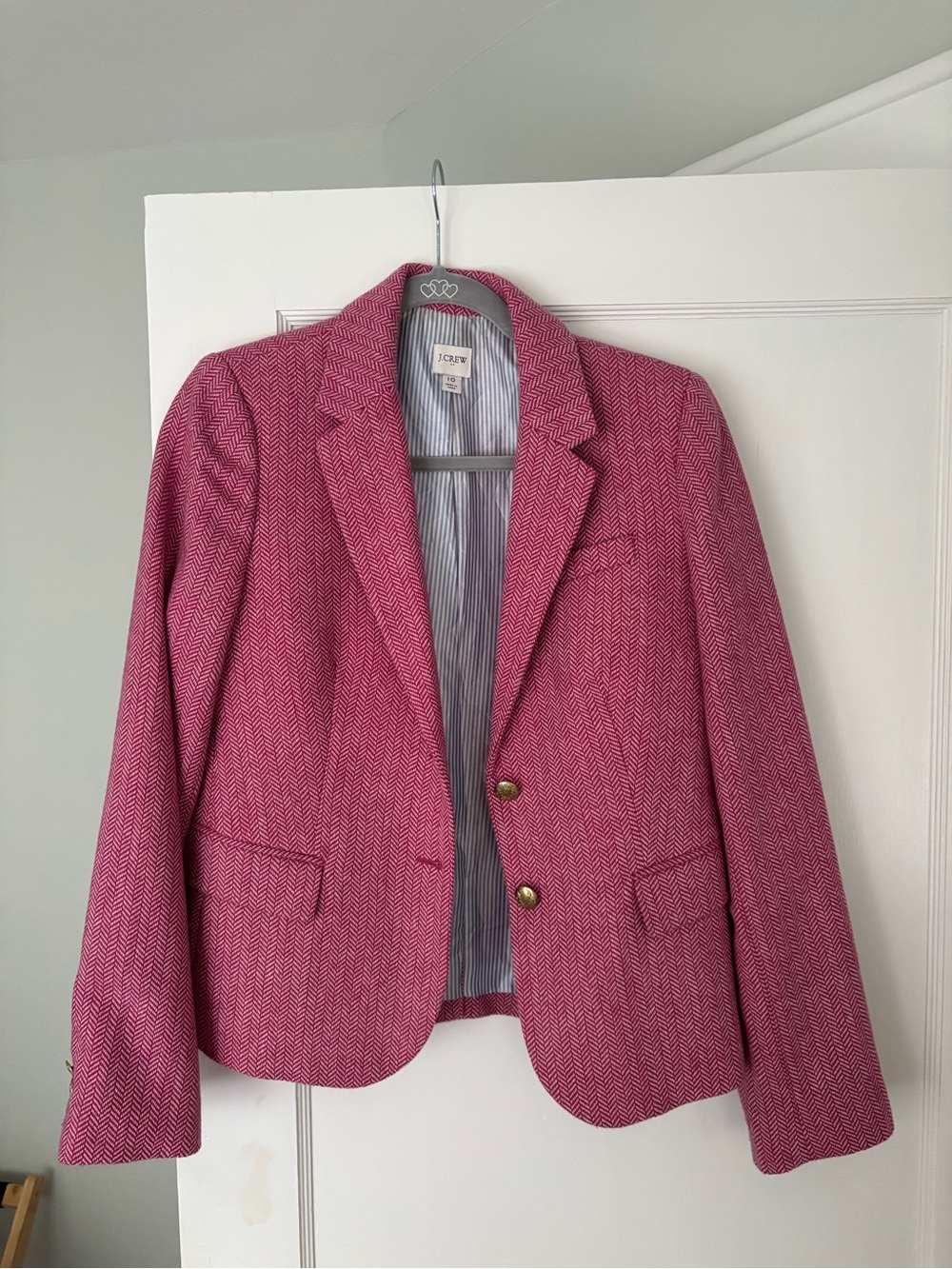 J. Crew Factory Pink Herringbone Blazer with Gold Buttons